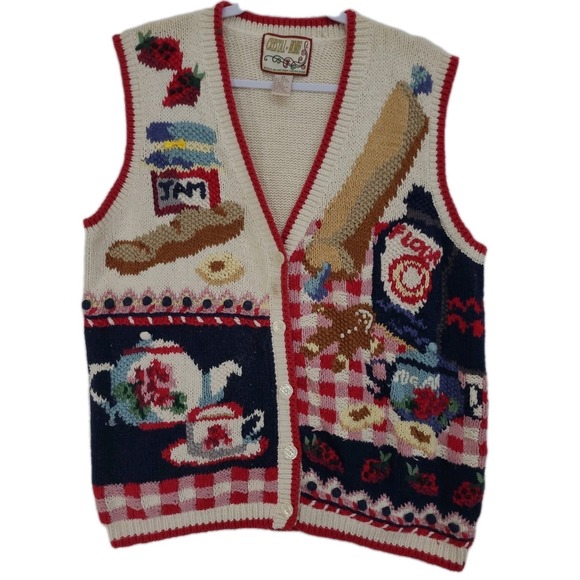 Sweaters - Vintage 1990s Knitted Sweater Vest Kitchen Theme Cottagecore Sz 2X Grandmacore